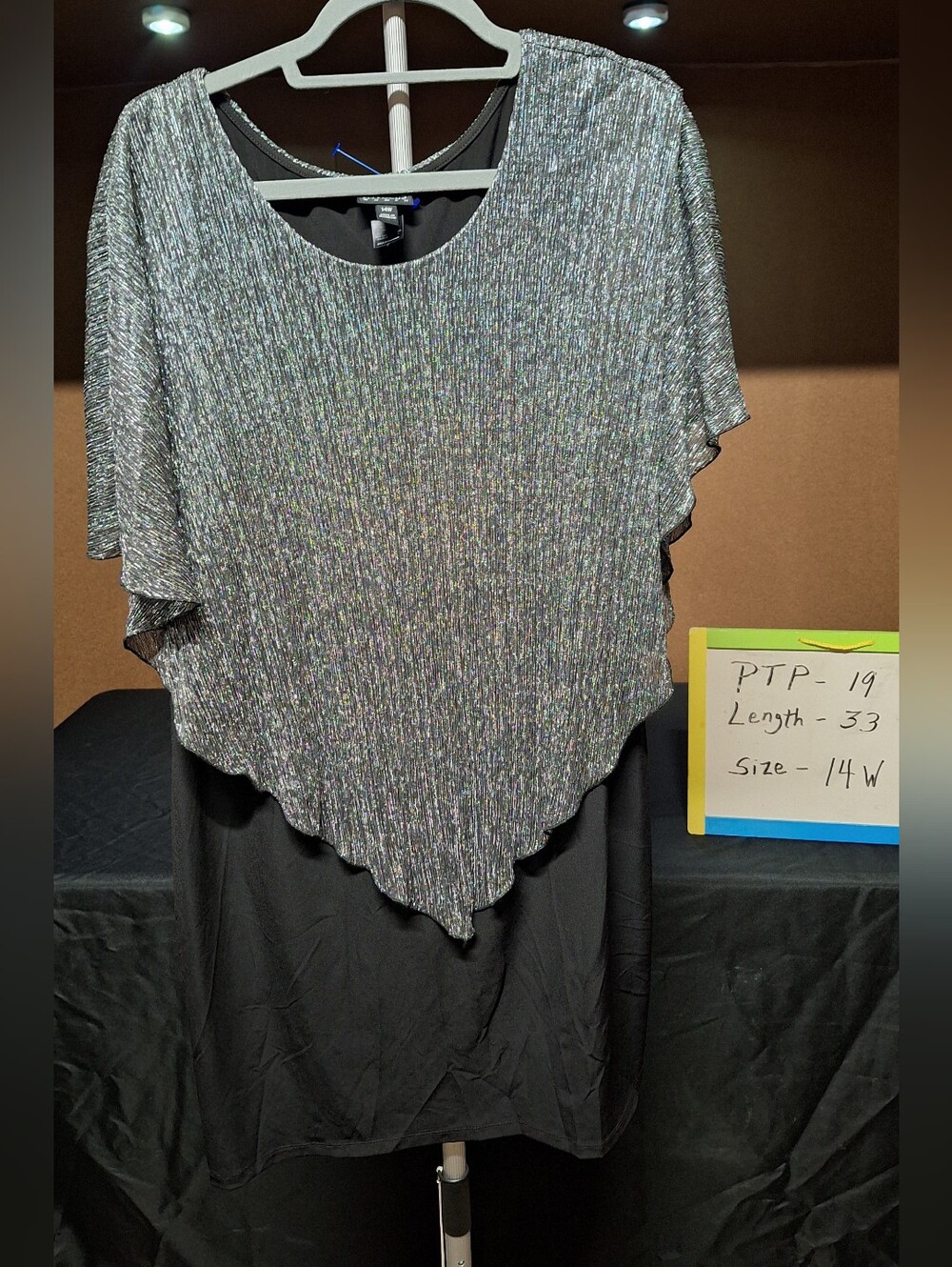 Enfocus Studio Metallic Silver-Overlay Black Tunic Cocktail Dress.
